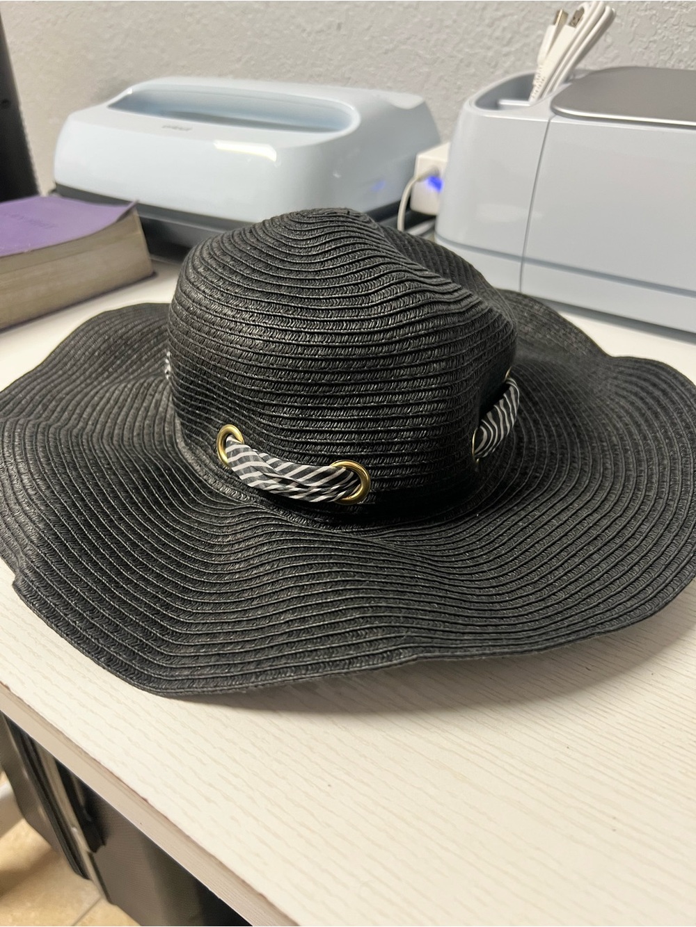 Jaclyn Smith Black Wide-Brim Straw Sun Hat with Braided Rope